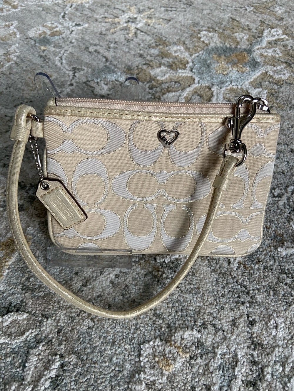 Coach Poppy (44870) Signature Khaki-Silver Wristlet with Gold Stitching